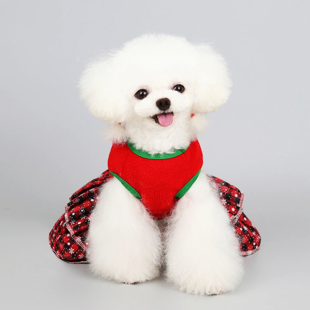Christmas Dog Girls Costume Dress Puppy Warm Fleece Skirt Clothes Autumn Winter Pet Clothes Dog Red Skirt Fancy Dress Costume