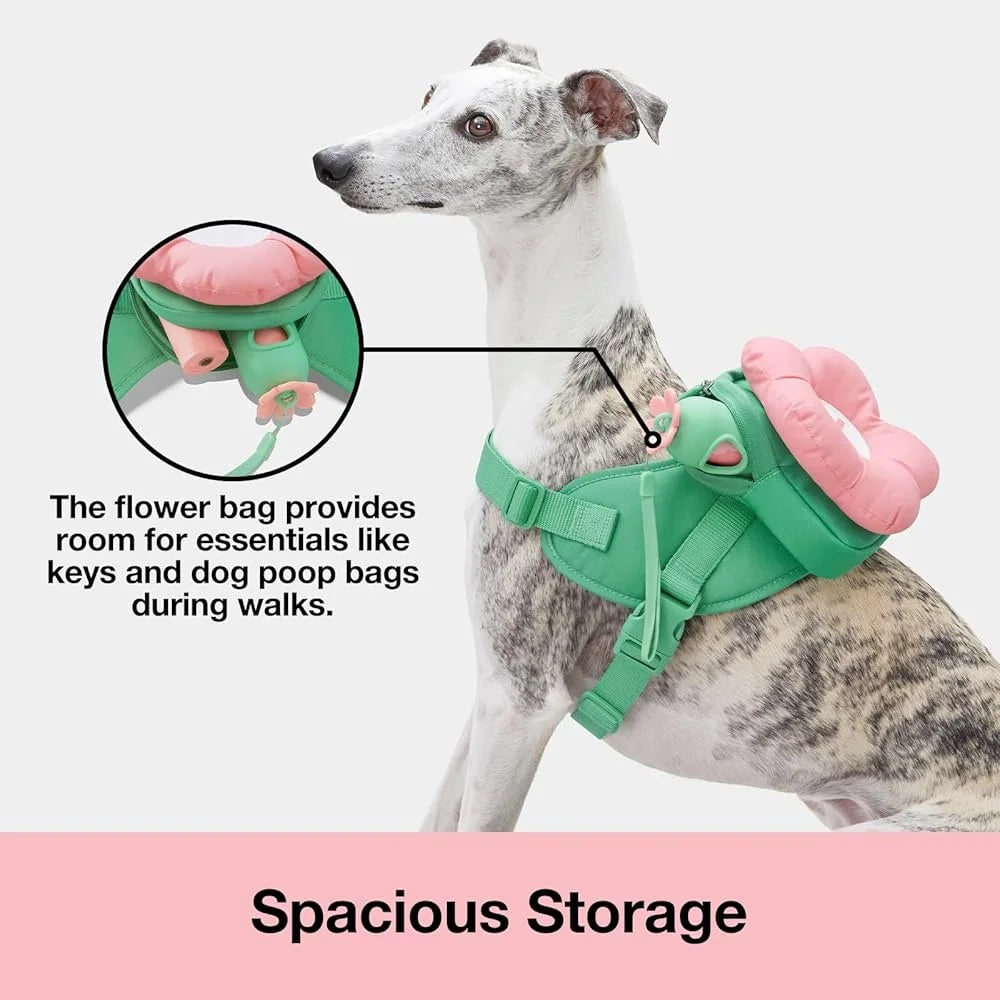 Adjustable No Pull Dog Harness Leash Collar Set Soft Padded Pet Vest Control Walking Training Floral Backpack Storage