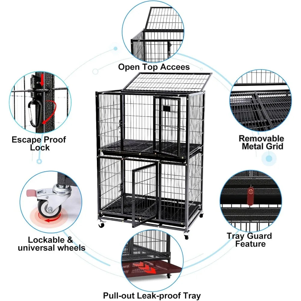 31 Inch Stackable Heavy Duty Dog Crate Cage Kennel with Four Lockable Wheels, Removable Tray, Escape Proof Wire Drop Dog Crates