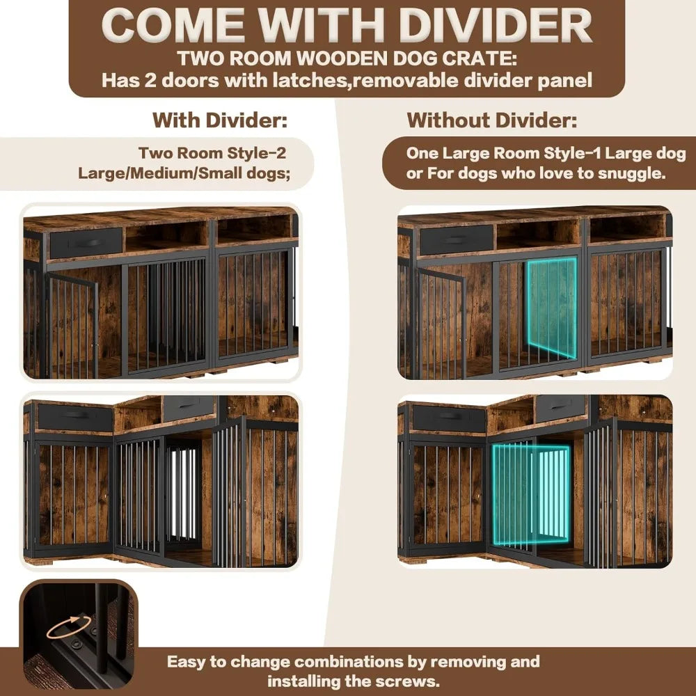 Corner Dog Crate Furniture,85.4" Metal Frame L Shaped Furniture-Style Double Dog Kennel for 2 Dogs with Divider and 2 Fabric Dra