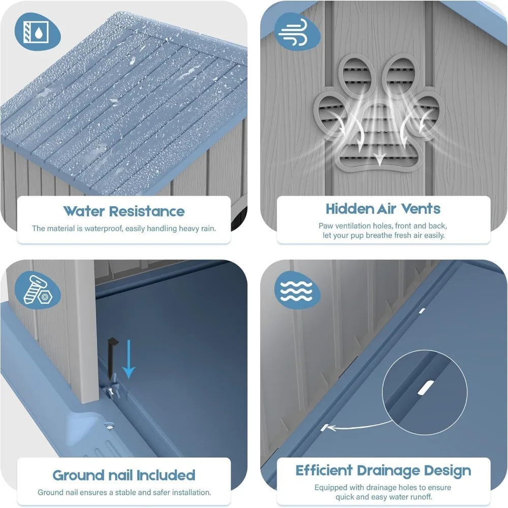 Medium to Large Dog House: Waterproof Plastic Outdoor and Indoor Doghouse with Elevated Floor and Ventilation