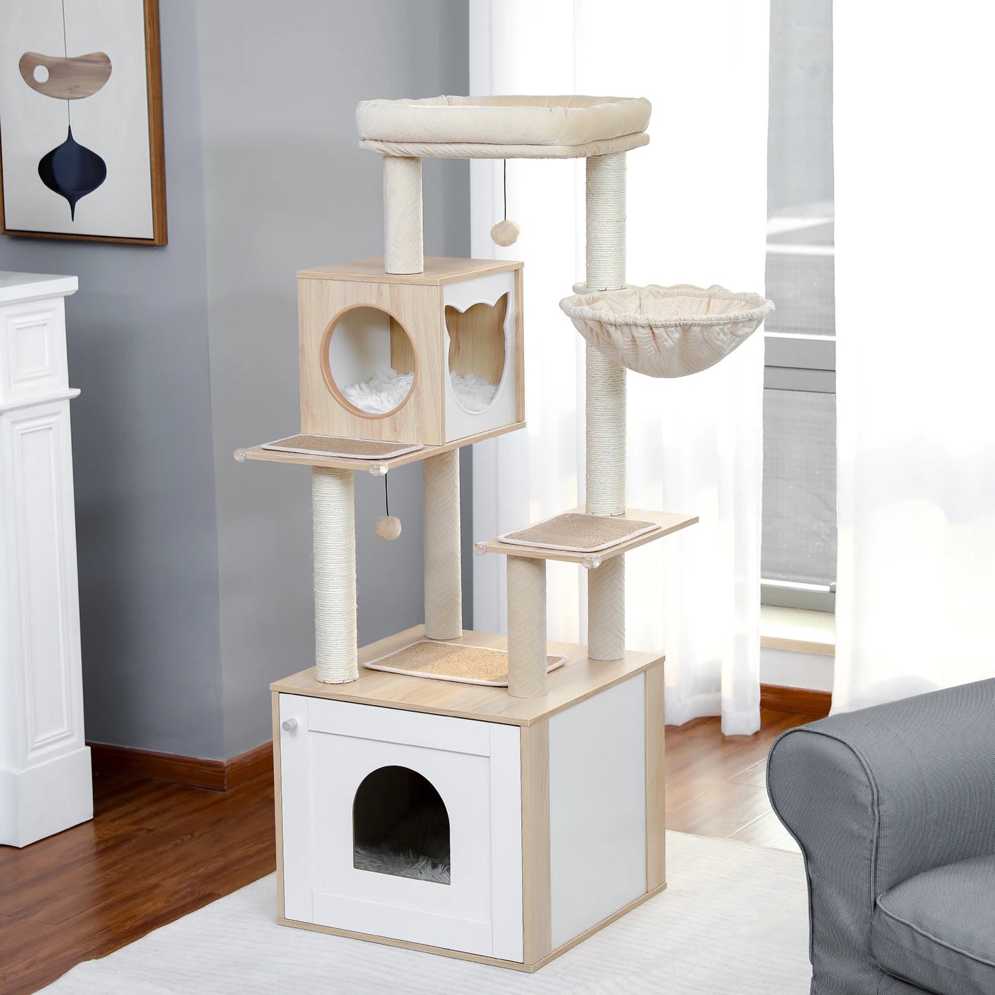 Cat Tree with Litter Box Enclosure Large Wood Cat Tower with Storage Cabinet and Cozy Cat Condo Sisal Covered Scratching Post