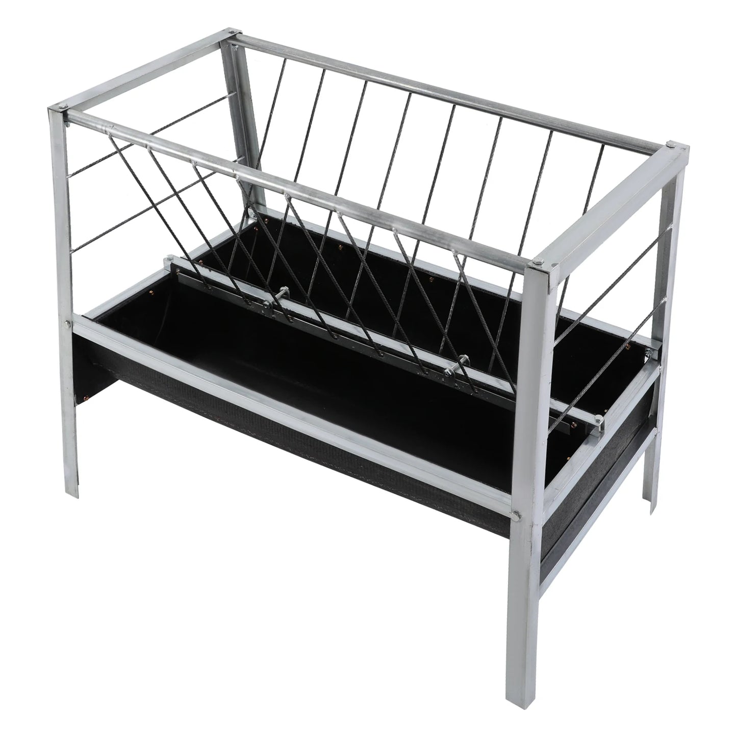 Livestock Feed Iron Trough,Silver+ Black Rectangular 2-in-1 Grain& Hay Feeder ,Floor Standing 100*65*85cm for Goats Sheep