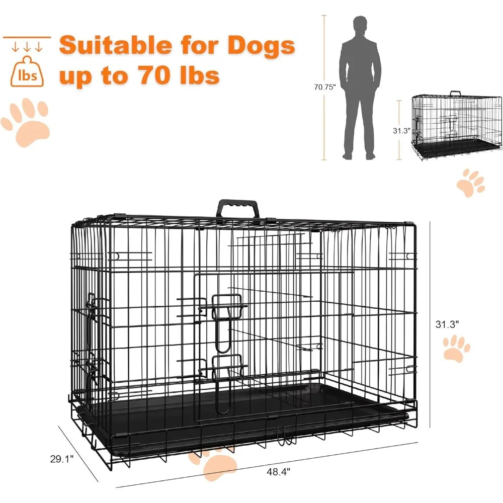 Dog Crate, 48 Inch Large Dog Cage with Divider and Plastic Leak-Proof Pan Tray, Double Door Folding Metal Wire Cage for Indoor,