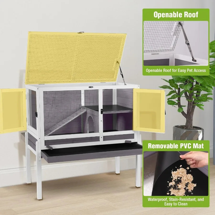 Indoor Guinea Pig Cage Rabbit Hutch with Chew-Proof Ramp 2-Story Wooden Bunny House with Pull-Out Trays Leakproof PVC Layer Sma