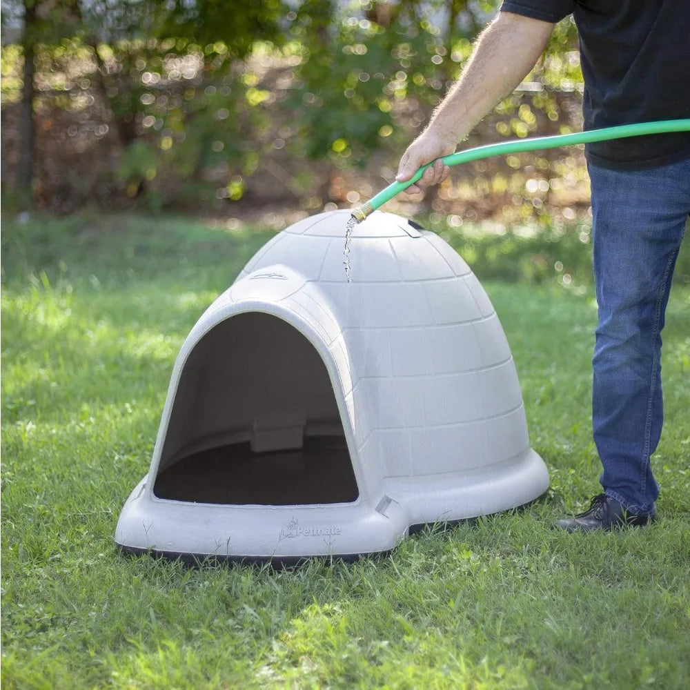 Petmate Outdoor Weatherproof Dog House - Indigo Igloo for Large Dogs, 50-90 Pounds, Made in USA, Taupe/Black