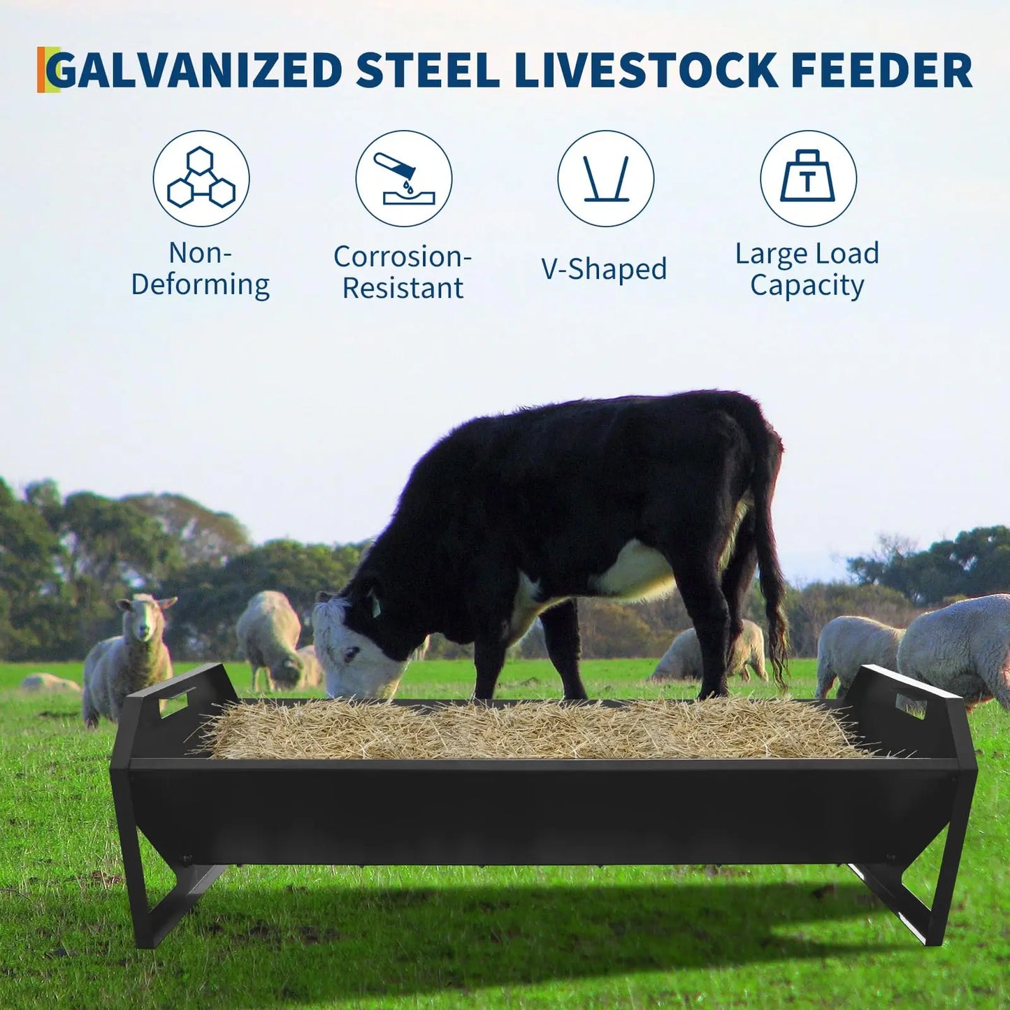 22 Gallon Heavy Duty Galvanized Steel Livestock Feeder Hay Trough Rustproof V-Shaped Bottom For Horse Goat Sheep Cattle Alpaca