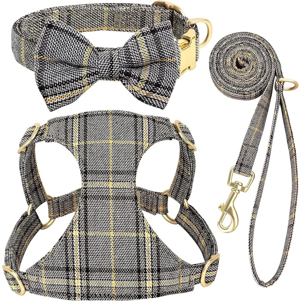Cute Adjustable Dog Harness Collar Leash Set Small Dogs Cats Soft Plaid Design Ideal Walks Parties and Events