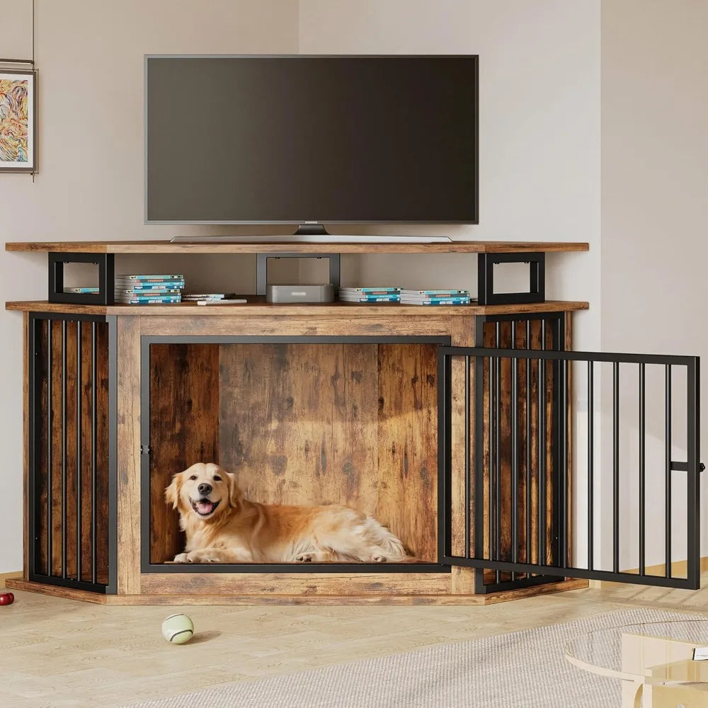 51 Corner Wooden Dog Crate Furniture with 2-Tier Shelves, Pet Kennel for Large Dogs, Space-Saving Dog Cage for TV Stand