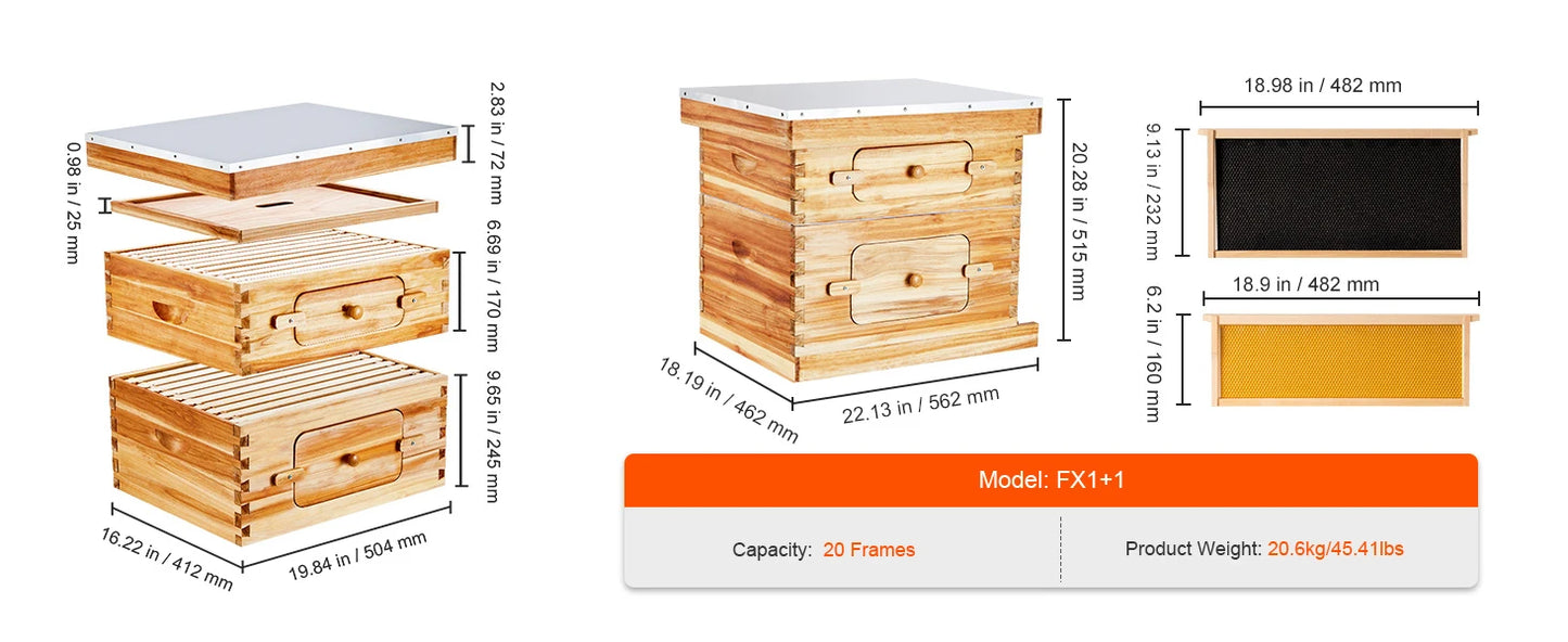 SucceBuy Bee Hive Deep Box Starter Kit 100% Beeswax Coated Natural Cedar Wood Langstroth Beehive Kit Transparent Acrylic
