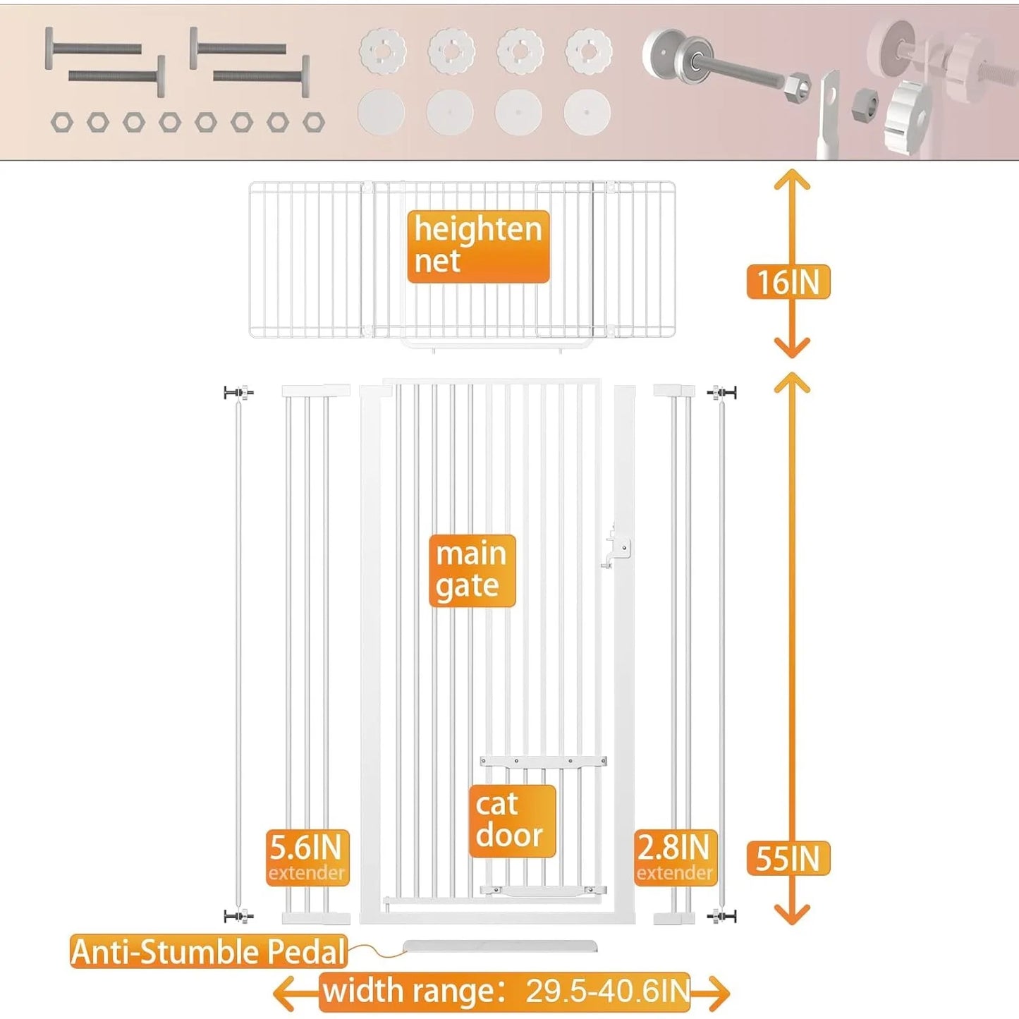 71" Extra Tall Cat Gate 29.5-40.6 Wide Pet gate for Doorway Pet Gate  Cat Doors NO Drilling Prsure Mount Kit for Cats