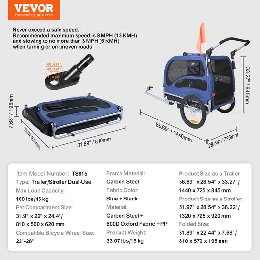 SucceBuy 100 lbs Dog Bike Trailer 2-in-1 Pet Stroller Cart Bicycle Carrier with Wheels Coupler Reflectors Flag for Dogs Travel