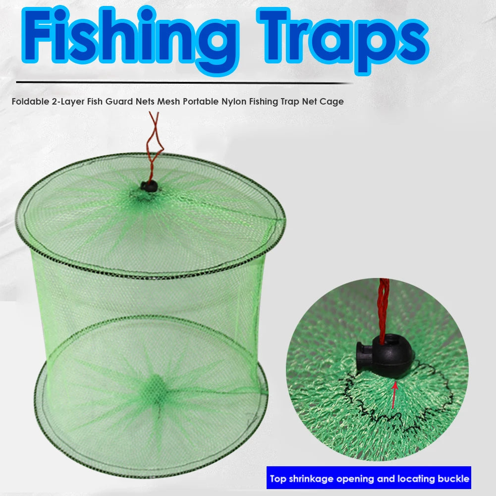 Foldable 2-Layer Fish Guard Nets Mesh Outdoor Portable Nylon Fish Crab Lobster Storage Cage Fishing Trap Network