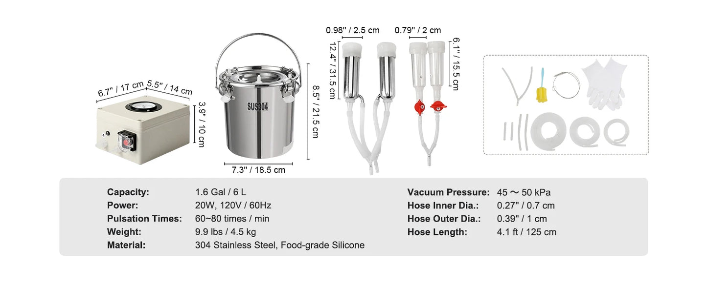 SucceBuy Goat Milking Machine Stainless Steel Bucket Electric Automatic Pulsation Cup Tubes Adjustable Suction for Cow and Sheep