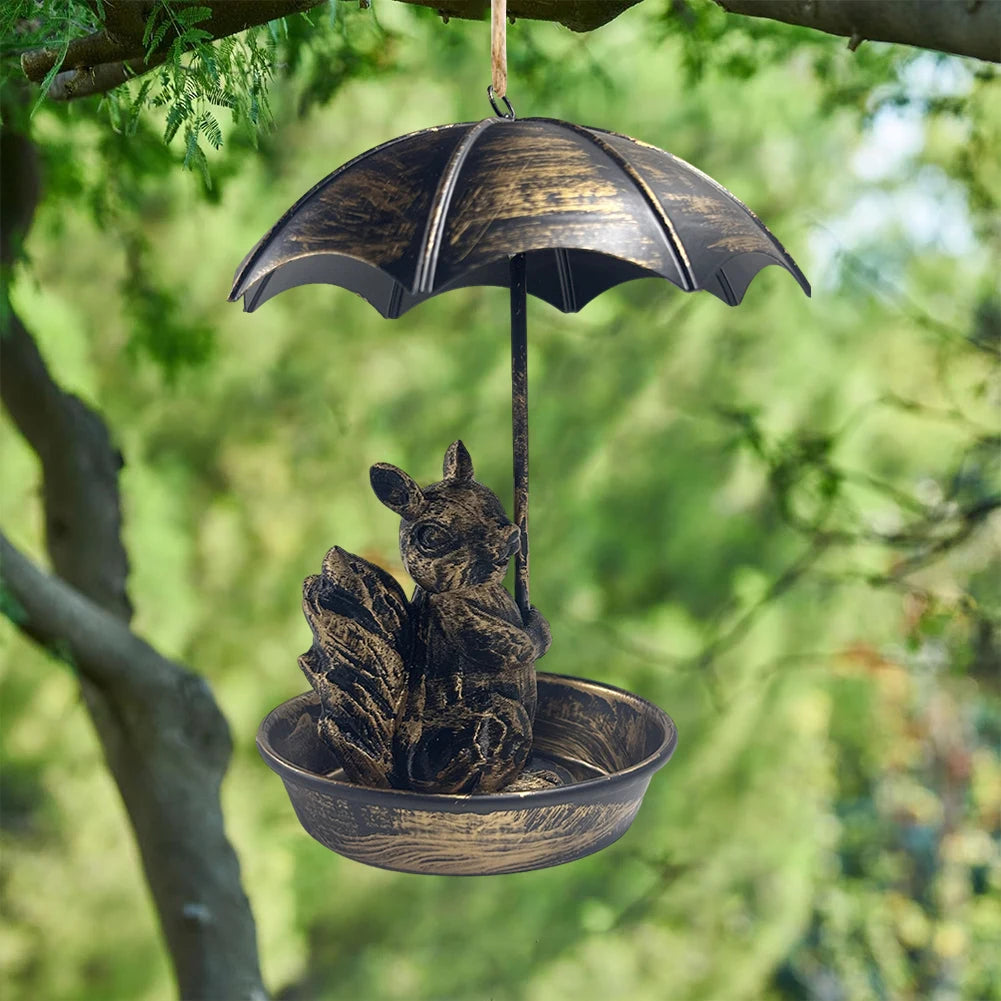 Squirrel/Cat/Dog Animal Bird Feeder Animal Holding Umbrella Metal Bird Feeders Hanging Bird Feeder Dish for Yard Patio Landscape