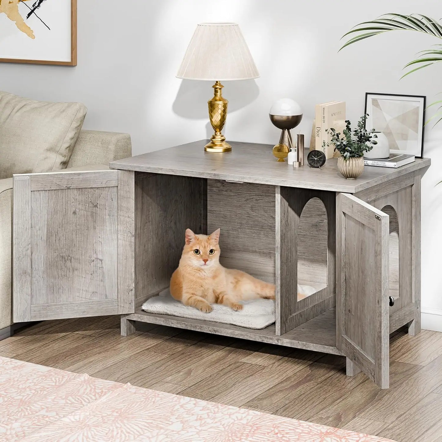 Hidden Cat Litter Box Enclosure with Removable Divider, Grey Furniture for Indoor Cats