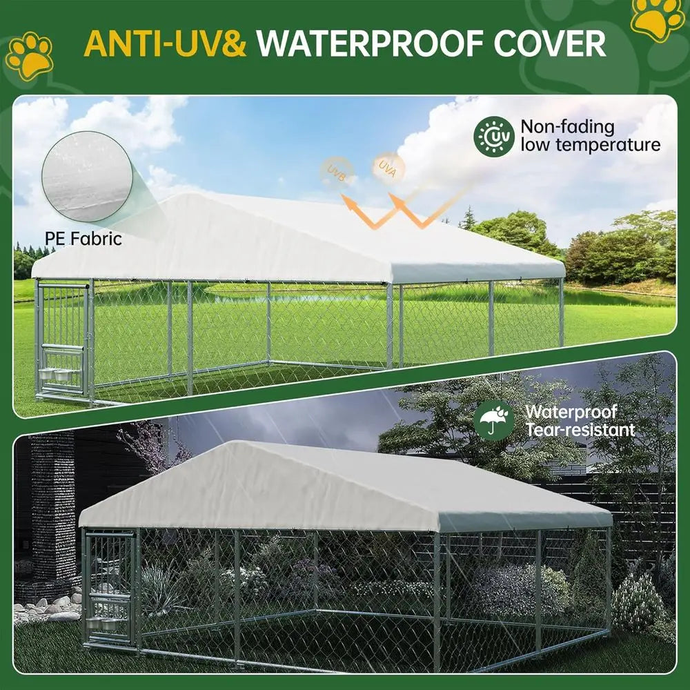 10x10 Ft Outdoor Dog Kennel with Waterproof Cover, Rotating Bowls, Ideal for Backyard Farm Use