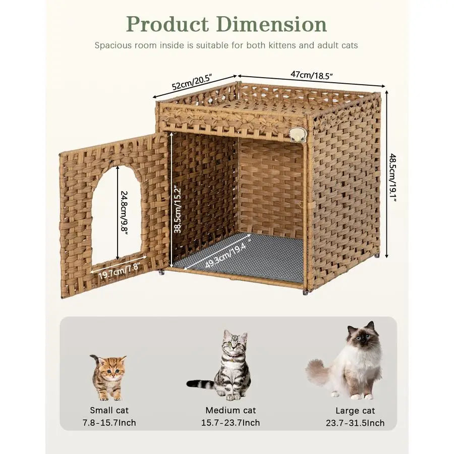 Litter Box Enclosure Furniture, Hidden Litter Box with Mat and Fence, Handwoven Rattan Cat House with Two SShaped Hooks for Livi