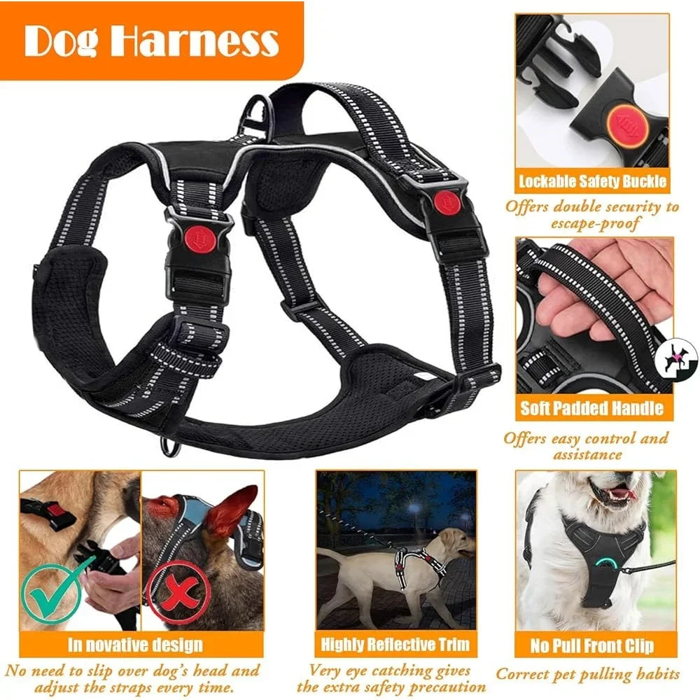 Dog Harness Collar Leash Set with Seat Belt Portable Bowls Poop Dispenser Ergonomic No Pull Design Walking Training