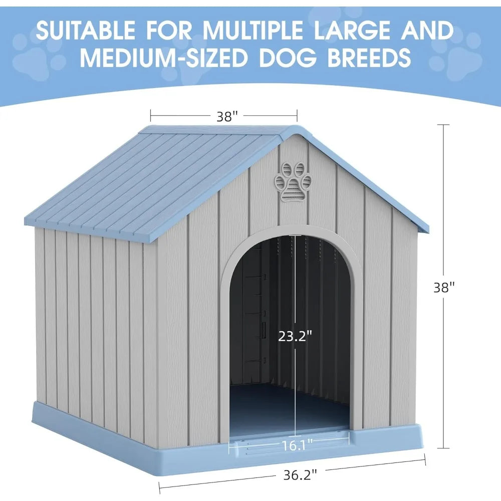 Medium to Large Dog House: Waterproof Plastic Outdoor and Indoor Doghouse with Elevated Floor and Ventilation