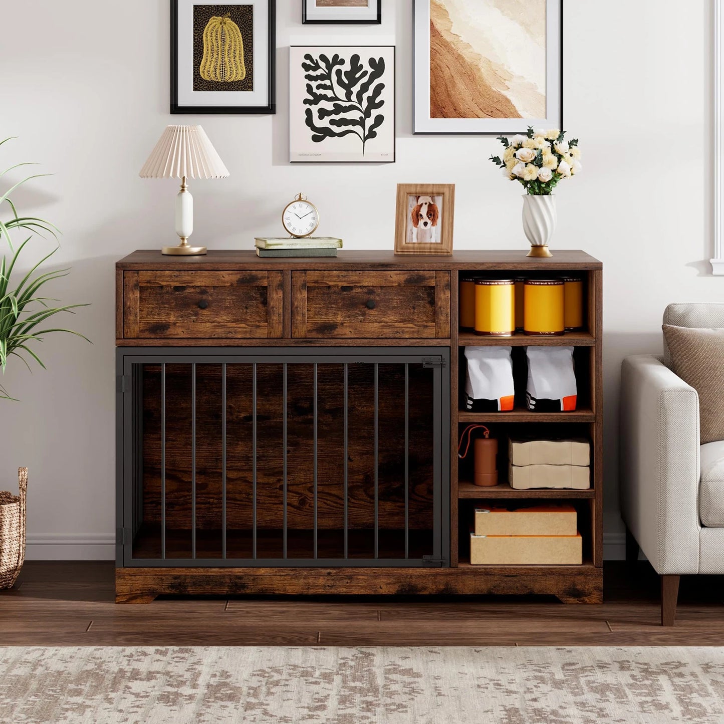 47" Large Dog Crate Furniture TV Stand Vintage Wooden Kennel For Medium Large Dogs Indoor Dog Cage With 2 Drawers & 4 Shelves