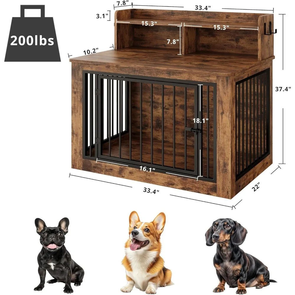 Dog Crate Furniture, 33.4 inches Wooden Small Dog Crate with Storage and 4 Hooks, Heavy Duty Pet Crate for Small Dog, Decorativ