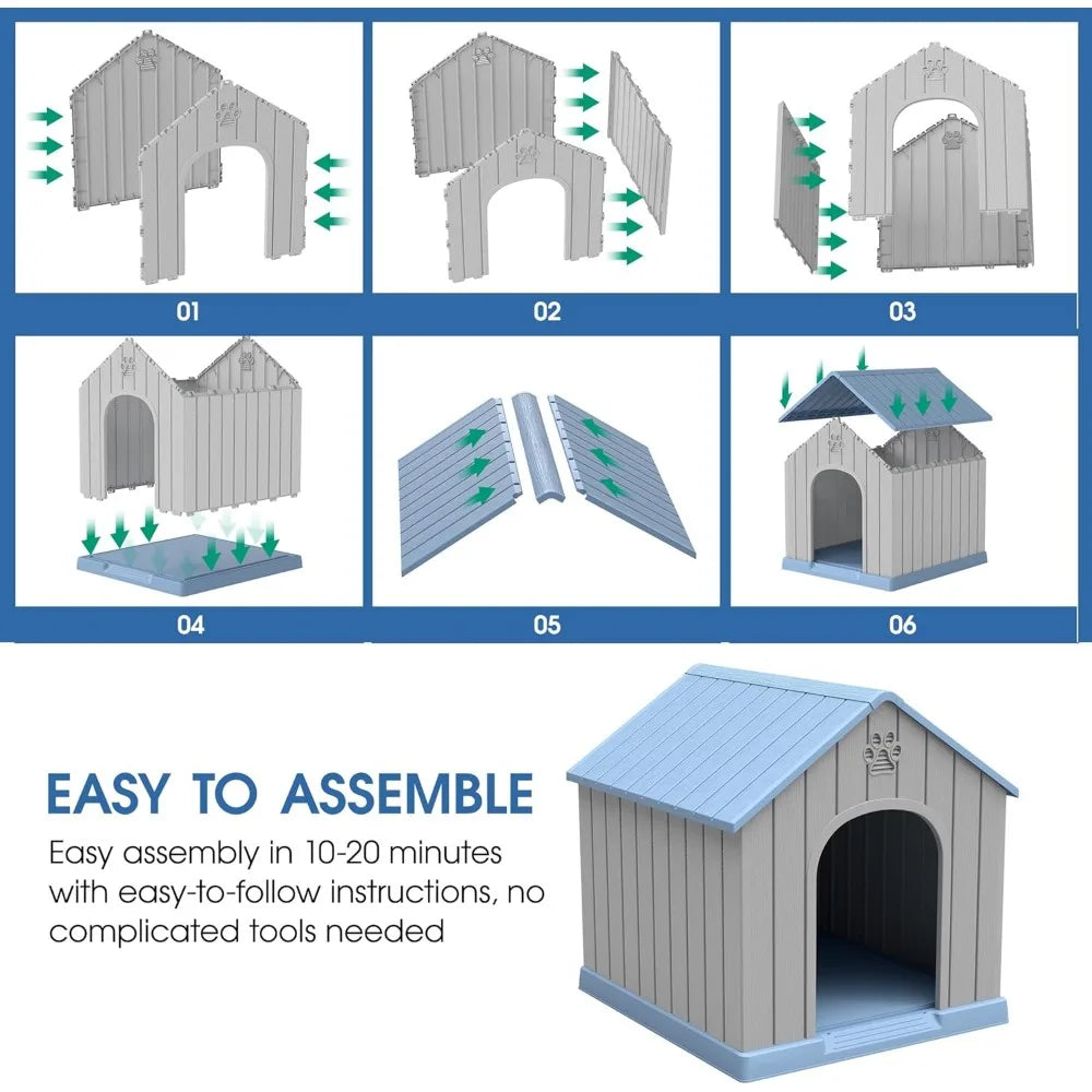 Medium to Large Dog House: Waterproof Plastic Outdoor and Indoor Doghouse with Elevated Floor and Ventilation