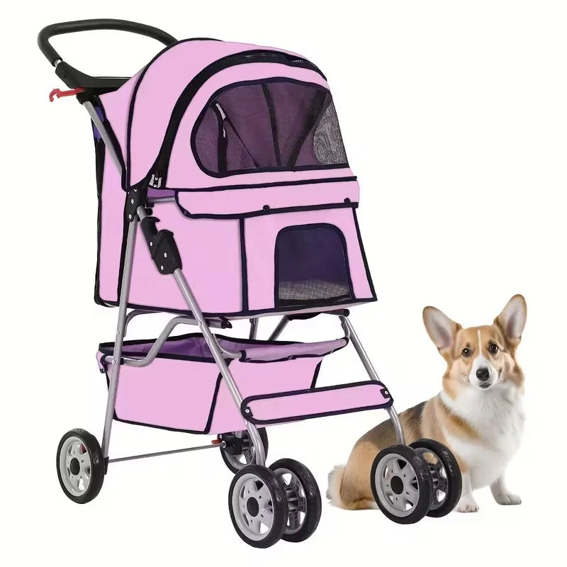 4 Wheels Dog Stroller,Pet Stroller Folding Carrier Waterproof Puppy with Cup Holder & Removable Liner for Small Medium Dogs Cats
