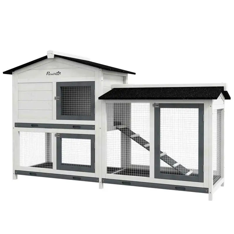 62" Rabbit Hutch Wooden Bunny Cage Guinea Pig Enclosure with Run Area Removable Tray Asphalt Roof Lockable Doors and Ramp White