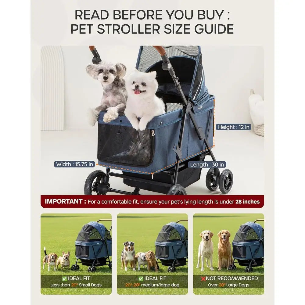Extra Large Foldable Pet Stroller for Dogs 20-132 lbs, Ventilated, Suitable for 2 Small Dogs, Pink or Navy