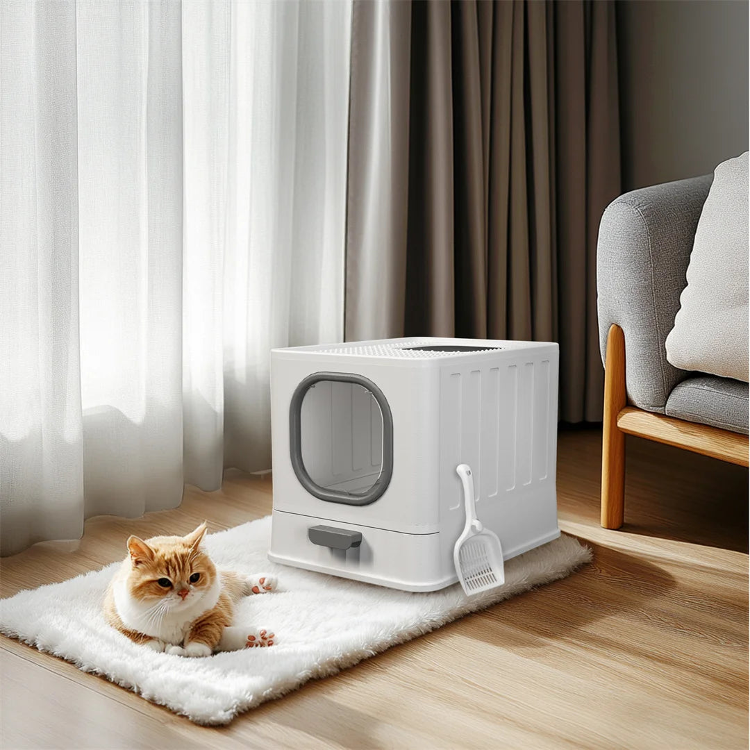 BingoPaw Cat Litter Tray Box: Foldable Top Entry Extra Large Cats Toilet with Lid Kitten Litter Tray Easy Cleaning Drawer Design