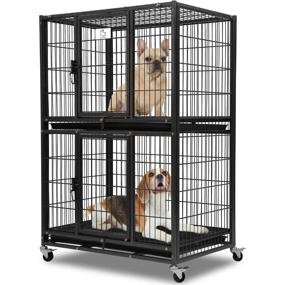 31 Inch Stackable Heavy Duty Dog Crate Cage Kennel with Four Lockable Wheels, Removable Tray, Escape Proof Wire Drop Dog Crates