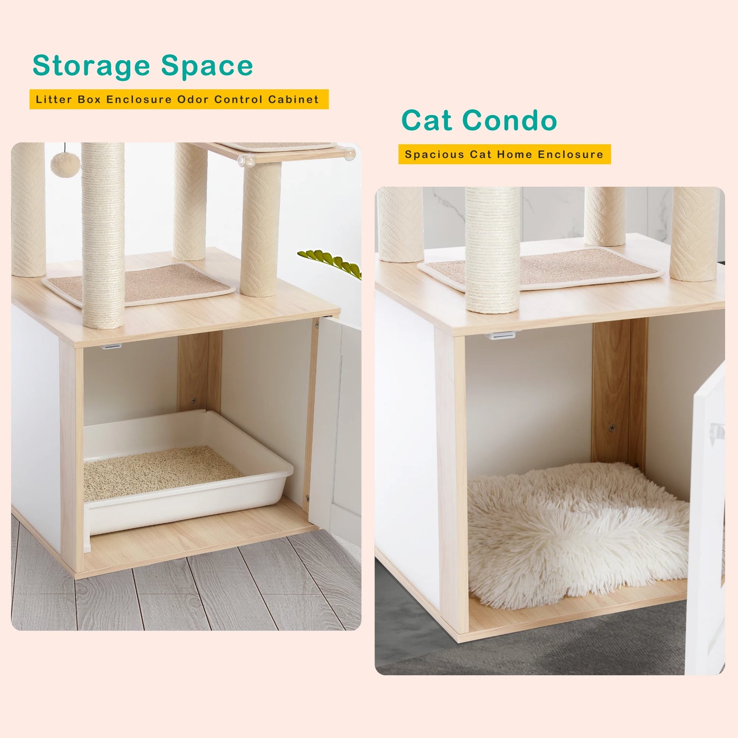 Cat Tree with Litter Box Enclosure Large Wood Cat Tower with Storage Cabinet and Cozy Cat Condo Sisal Covered Scratching Post