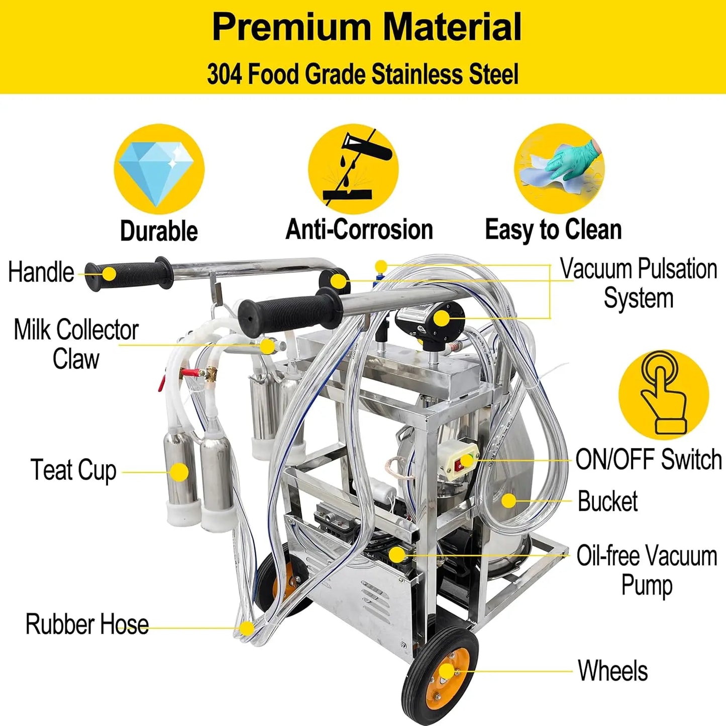Electric Milking Machine for Cows 25L Automatic Oil-Free Vacuum Pump Goat Milker Stainless Steel Dairy Farm Milking Equipment