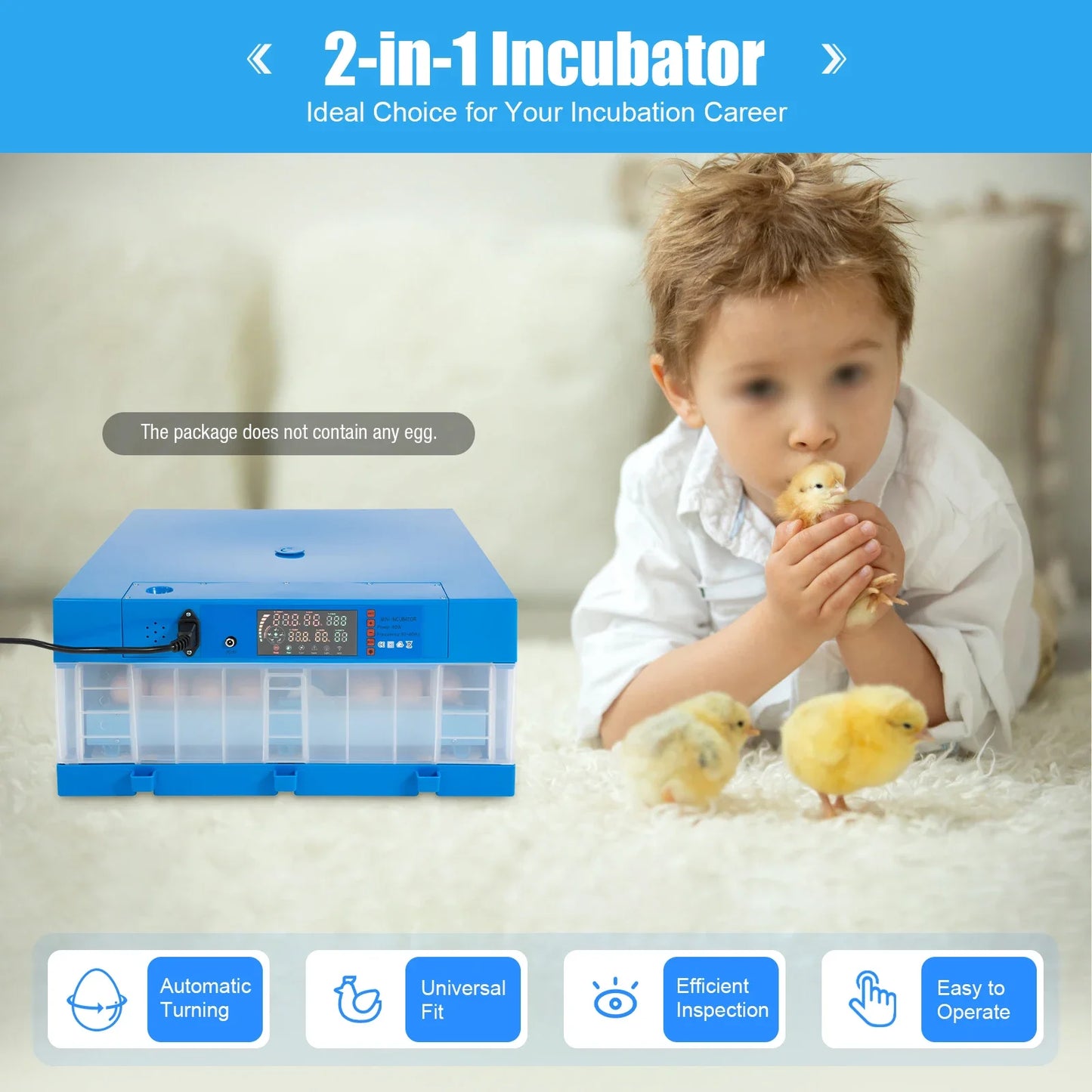 Incubator, 64 Egg Incubator 110V/12V Blue Incubator Automatic Smart Household Mini Chicken Egg Water Bed Incubator Box