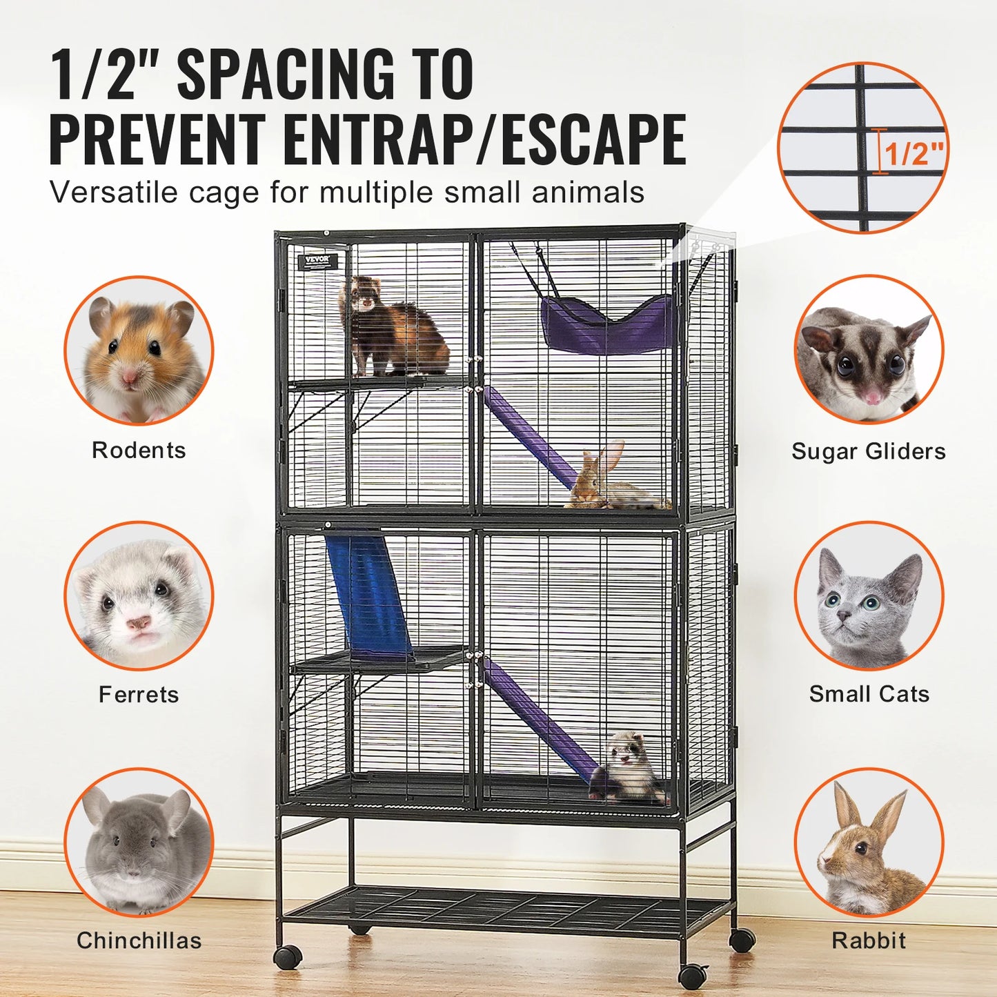 SucceBuy 64.6" Rolling Metal Ferret Cage Large 4-Tier Critter Nation Cage Small Animal Cage for Rats Hamster Guinea Chinchilla