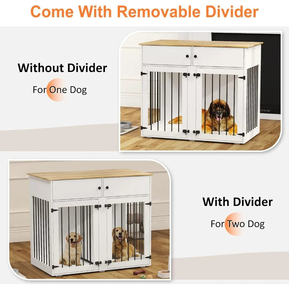 Large Dog Crate Furniture, 41 Inch Dog Kennel Indoor with Removable Divider & Double Doors, Wooden Dog Crates for 2 Dogs