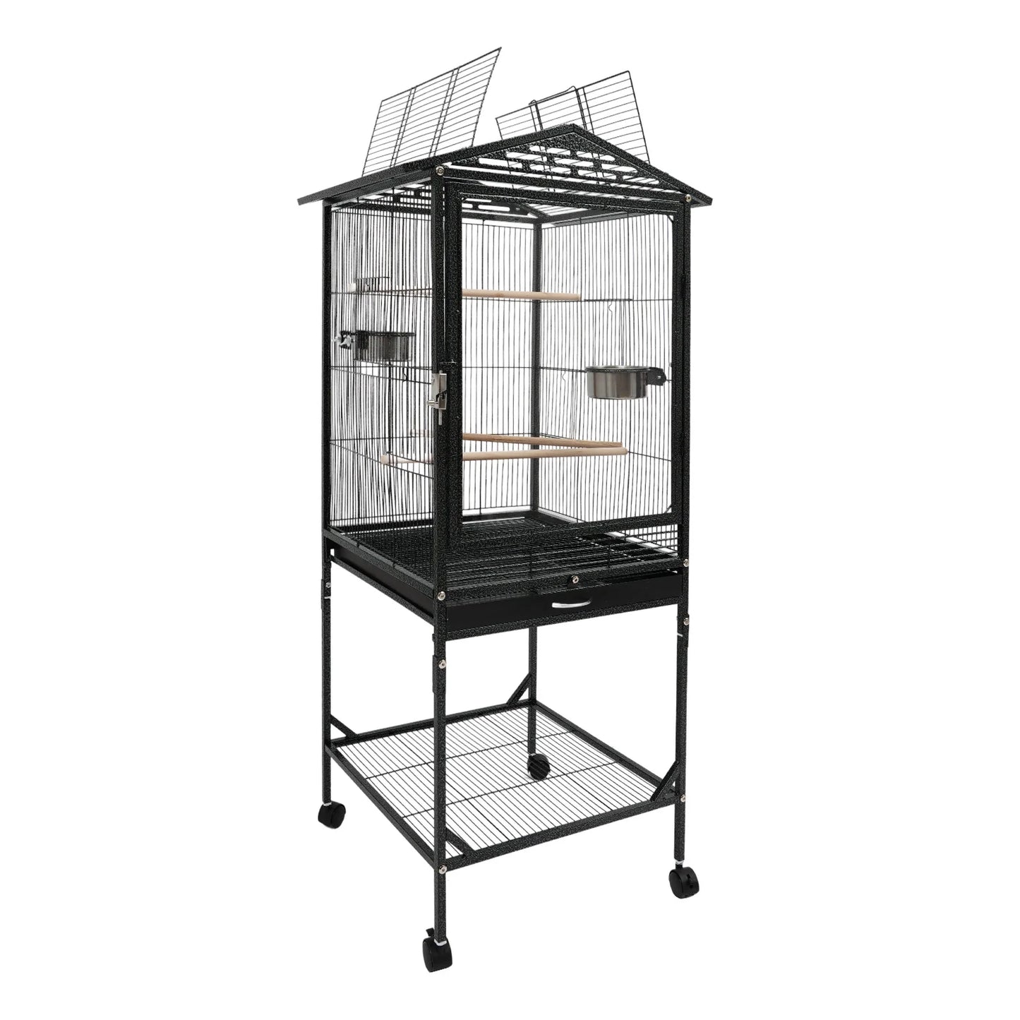 Large Black Bird Cage with Wheels, 4 Braked Wheels (2) Acid-Washed Iron 46×46×136cm Open Top for Parrots