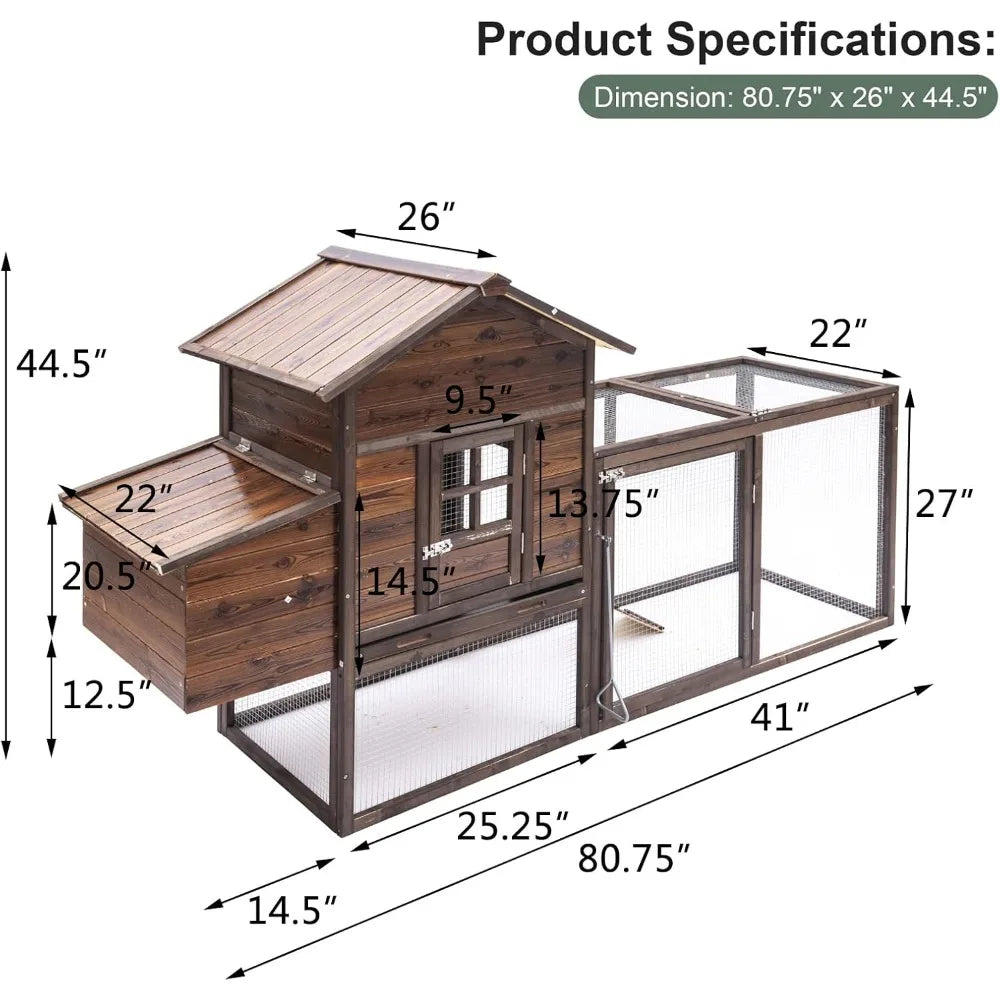 80'' Chicken Coop Wooden Hen Fence, Duck, Chicken Cage with Nesting Box & Removable Tray, Small Animal Hutch