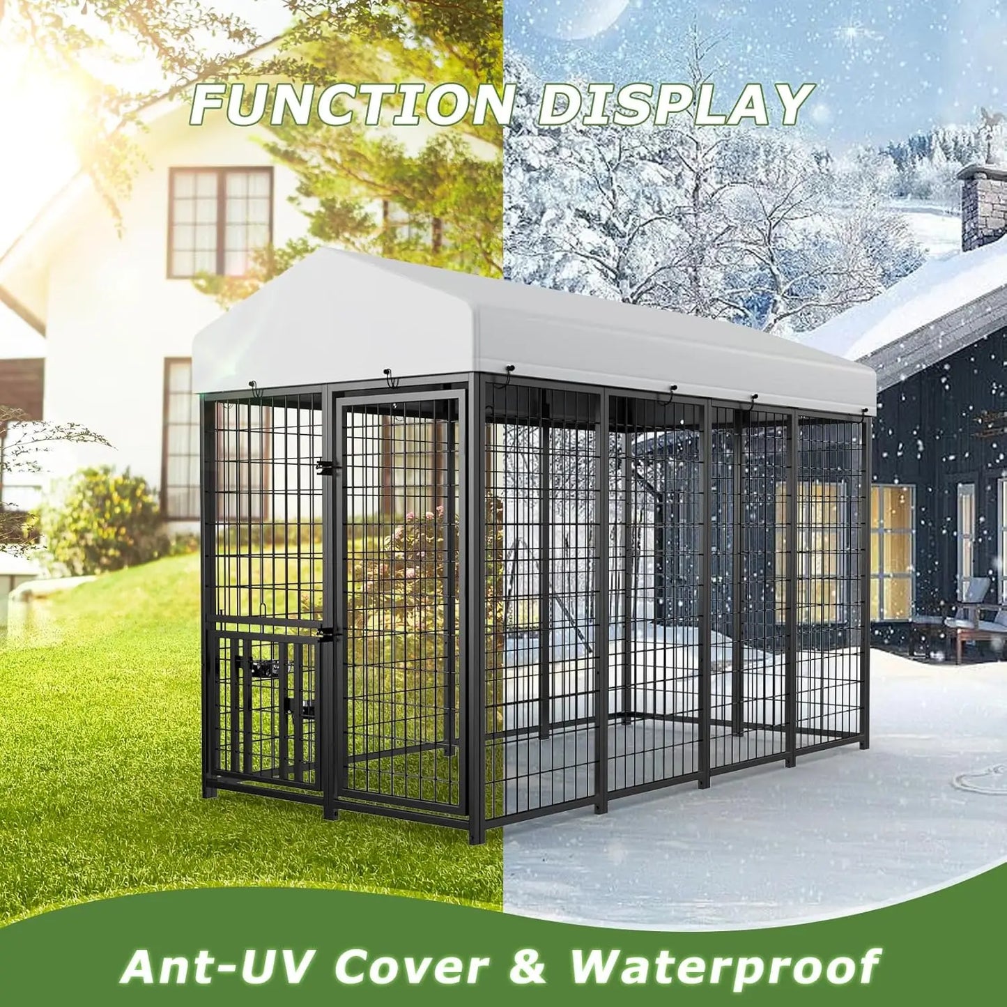 Heavy Duty Outdoor Dog Kennel with Rotating Bowls, 8x4x5.6ft, Durable Steel Frame and Waterproof Cover