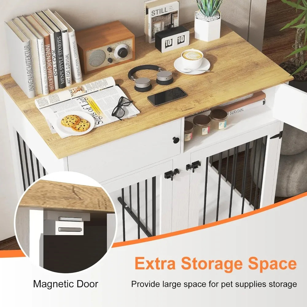 Large Dog Crate Furniture, 41 Inch Dog Kennel Indoor with Removable Divider & Double Doors, Wooden Dog Crates for 2 Dogs