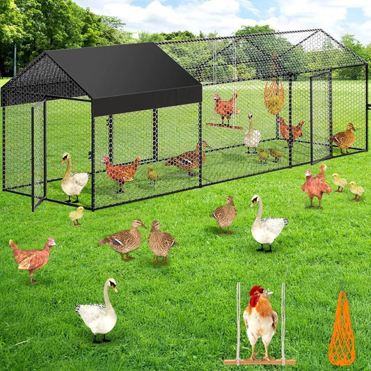 large metal chicken coop chicken run with cover for 10-12 chickens 120"×40"×40" portable poultry cage hen house outdoor backyard
