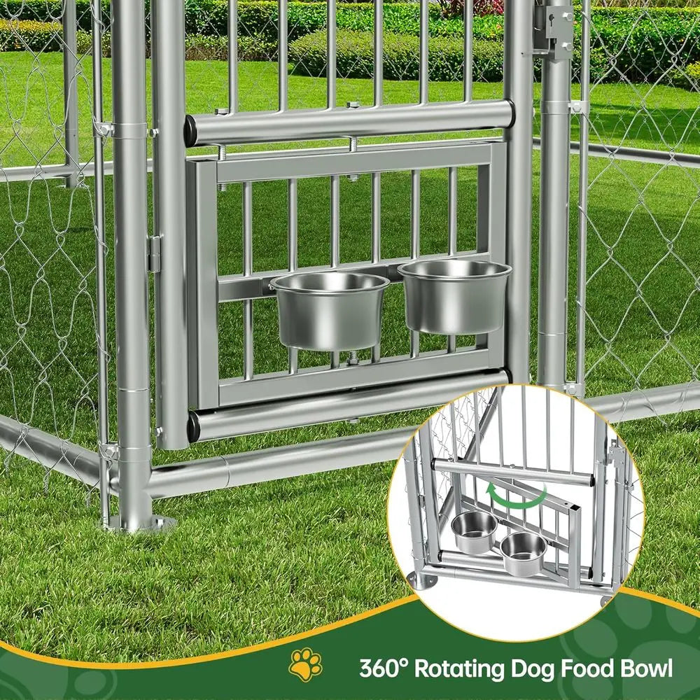 10x10 Ft Outdoor Dog Kennel with Waterproof Cover, Rotating Bowls, Ideal for Backyard Farm Use