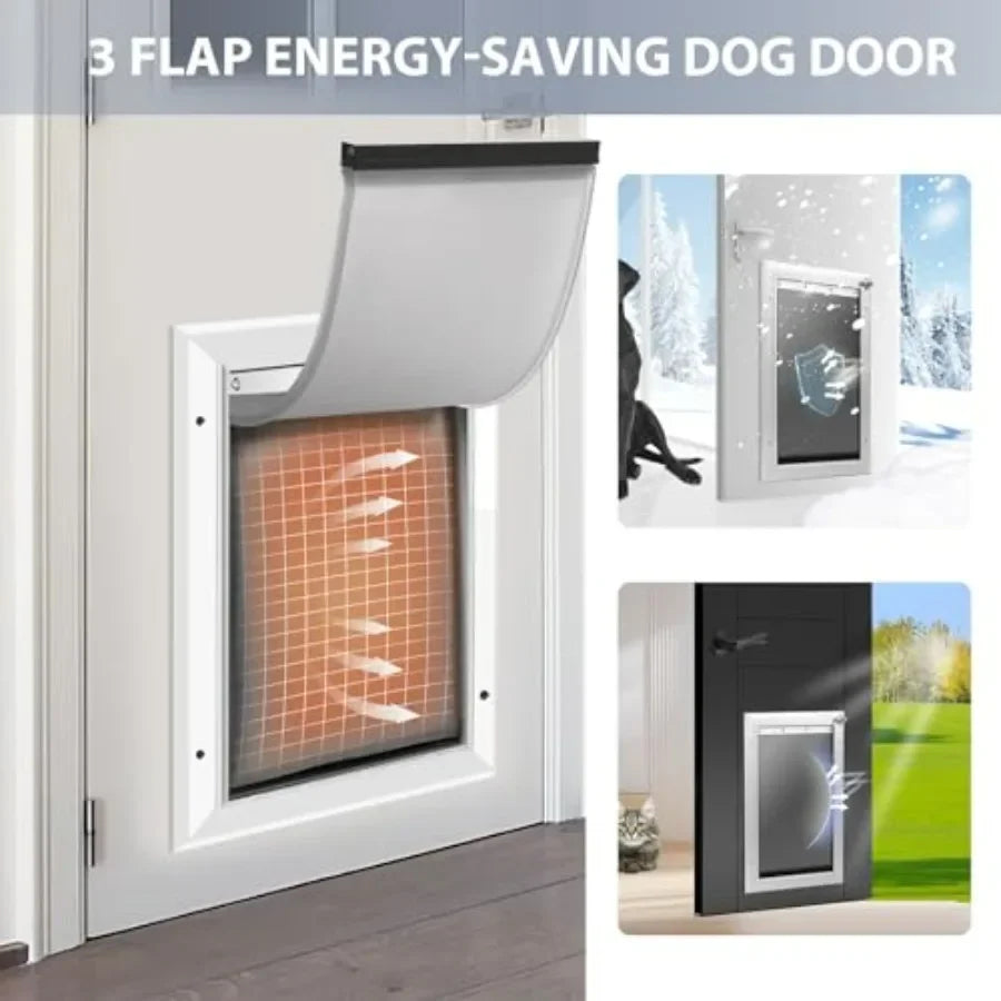 Heavy Duty Aluminum Dog Door with Locking Mechanism and Three Flaps for Indoor Outdoor Use Insulated Design for Temperature Con