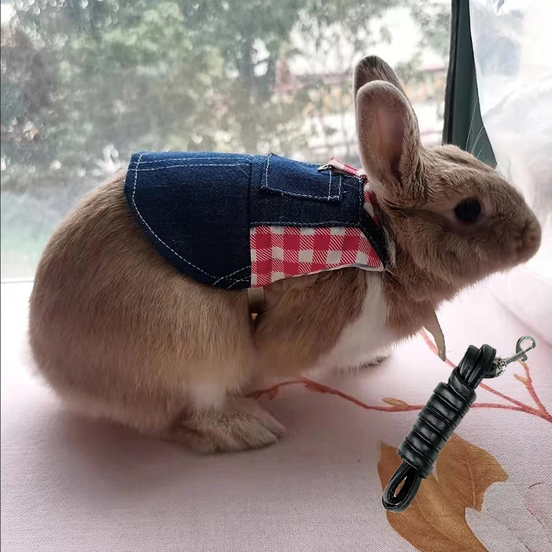Stylish Denim Pet Harness & Leash Set - Rabbit Bunny Guinea Pig Walking Costume for Small Animals Safety Accessory