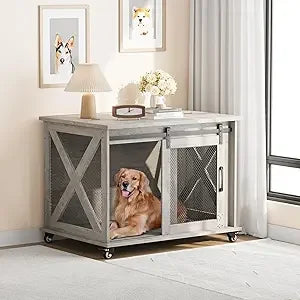 Dog Crate Furniture with Flip Top, 37" Dog Cage Furniture with Sliding Barn Door, Wheels and Removable Divider, Furniture Style