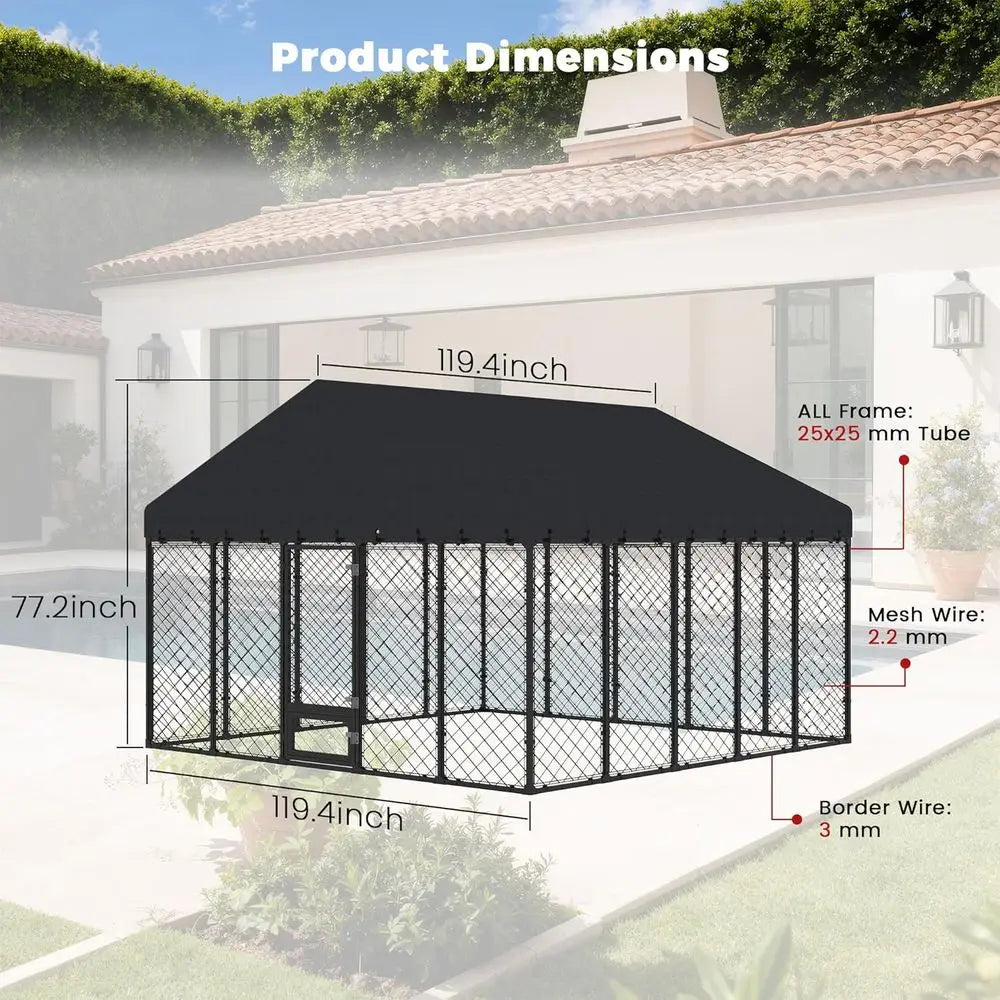 10x10x6.4 Large Outdoor Dog Kennel with Roof, Heavy Duty Anti-Rust Metal Dog Enclosure Fence for All Weather Resistant, Secure D