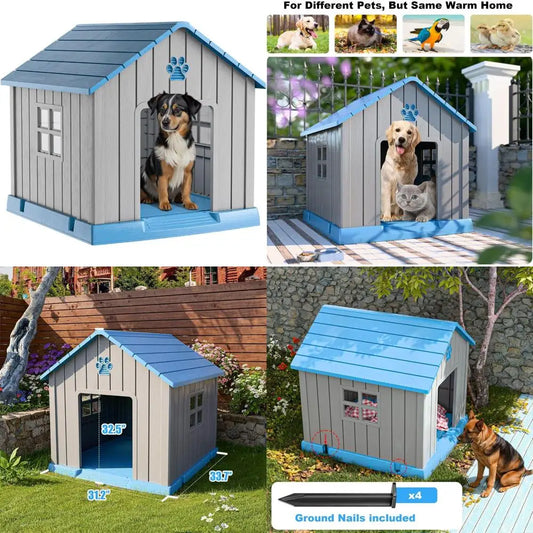 Indoor Outdoor Dog House Kennel, Peaked Deck Design, Waterproof and Warm Shelter for Dogs, Grey Blue Color
