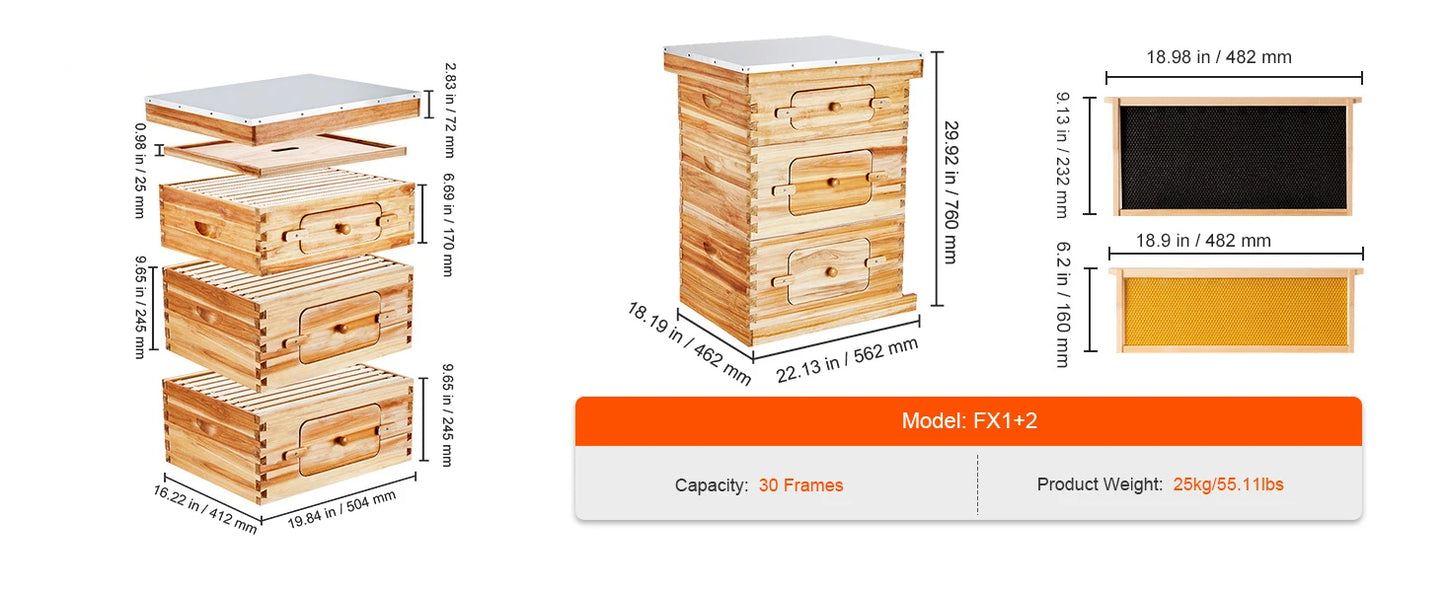 SucceBuy Bee Hive Deep Box Starter Kit 100% Beeswax Coated Natural Cedar Wood Langstroth Beehive Kit Transparent Acrylic