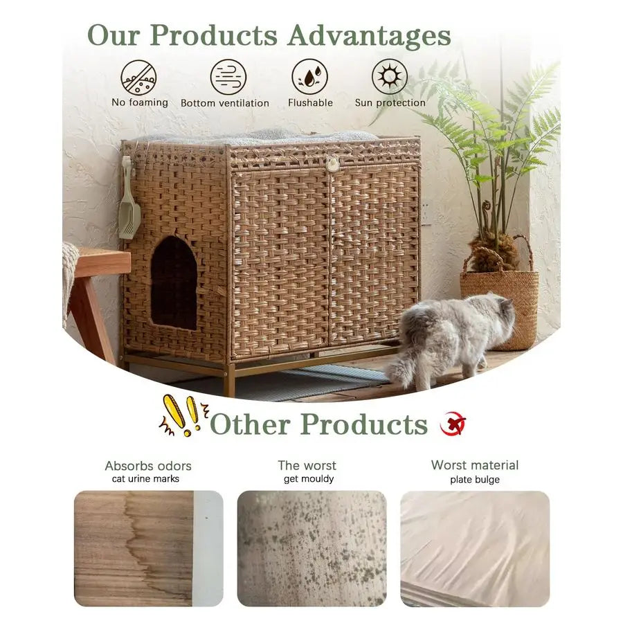 Litter Box Enclosure Furniture, Hidden Handwoven Rattan Litter Box with Mat, Large Cat House with Metal Heightened Feet, 30.3 x
